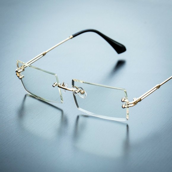 Men's Gold Sophisticated Clear Lens Square Rimless - Picture 1 of 6